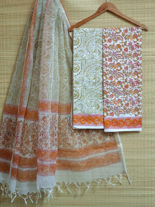 Kota Doriya Dupatta With Hand Block Printed Cotton Top-Bottom Salwar Suit Set - JBKD105