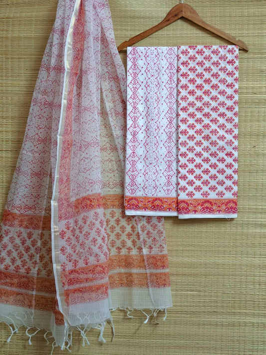 HandBlock Kota Doriya Dupatta With Cotton Top And Bottom Salwar Suit Set - JBKD106