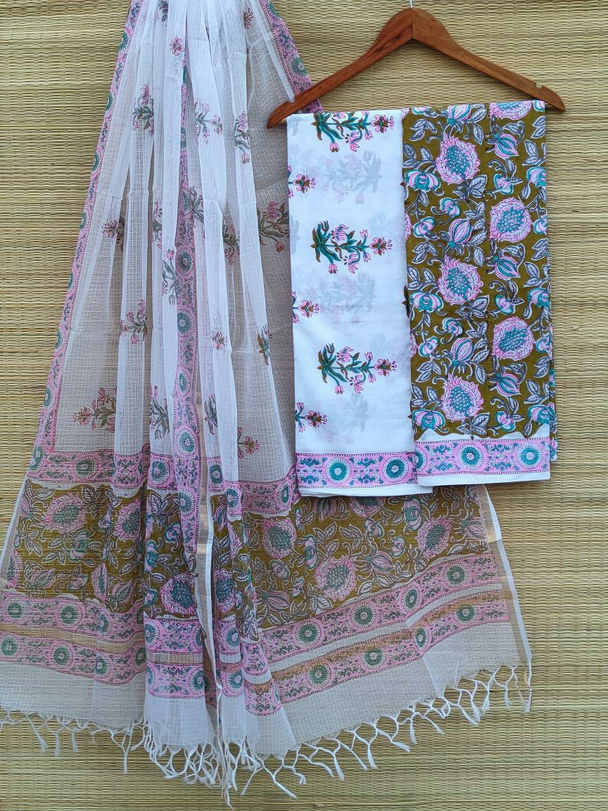 Hand Block Printed Cotton Salwar Suit Set With Kota Doriya Dupatta - JBKD97