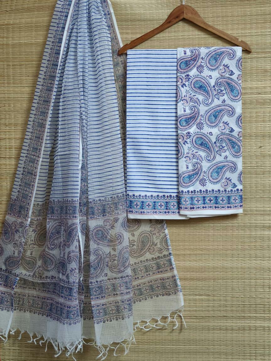 Kota Doriya Dupatta With Hand Block Printed Cotton Top-Bottom Salwar Suit Set - JBKD99