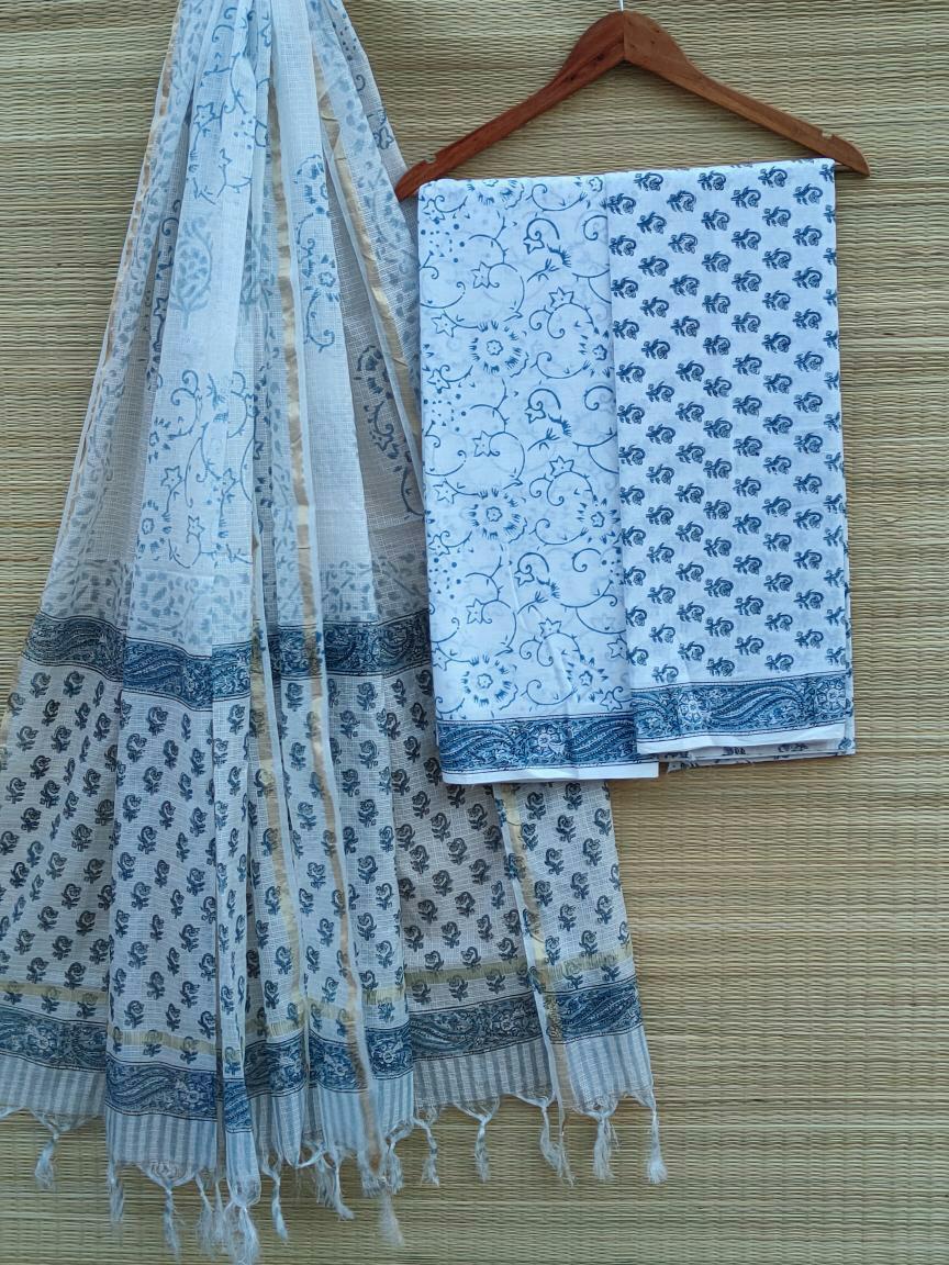 Hand Block Printed Cotton Salwar Suit Set With Kota Silk Dupatta - JBKD109
