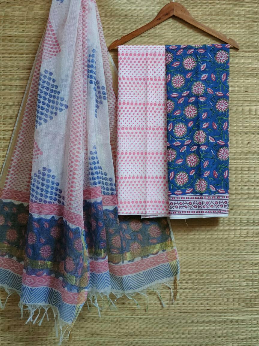 Kota Silk Dupatta With Hand Block Printed Cotton Top-Bottom Salwar Suit Set - JBKD111