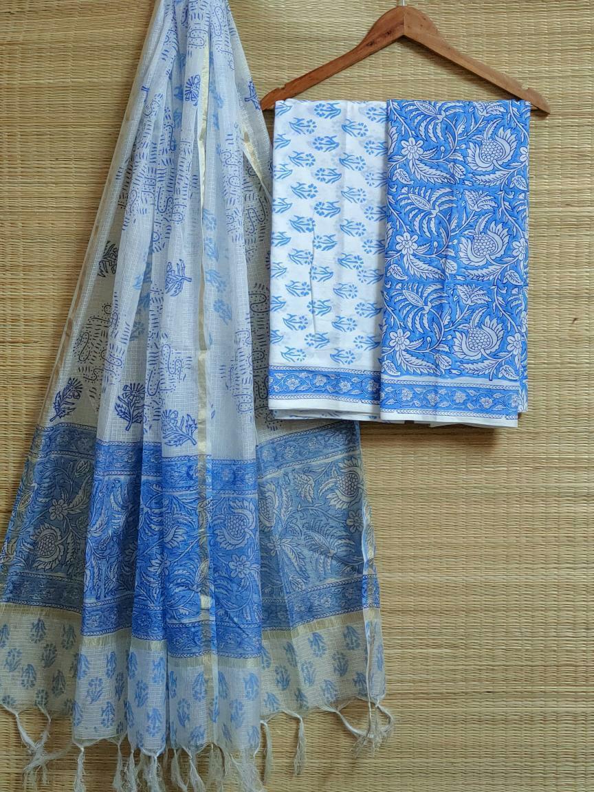 HandBlock Kota Silk Dupatta With Cotton Top And Bottom Salwar Suit Set - JBKD112