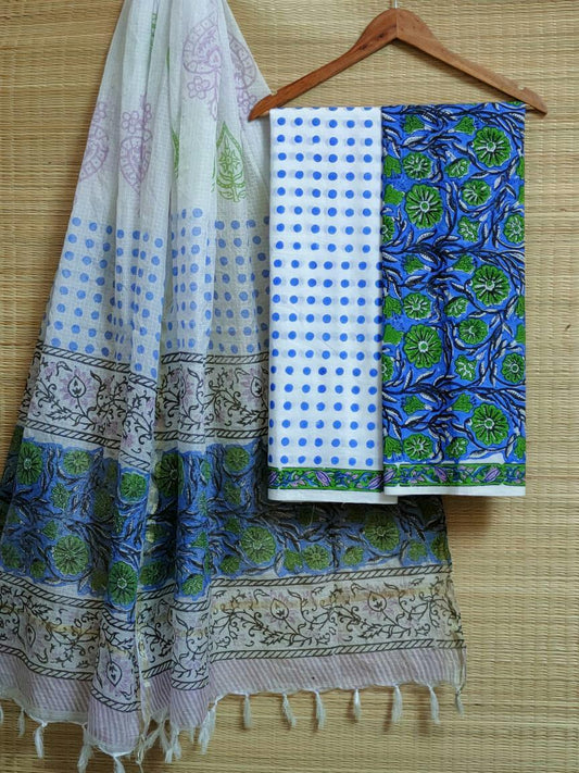 Bagru Print Hand Block Kota Silk Dupatta With Cotton Top Bottom Salwar Suit Set - JBKD113