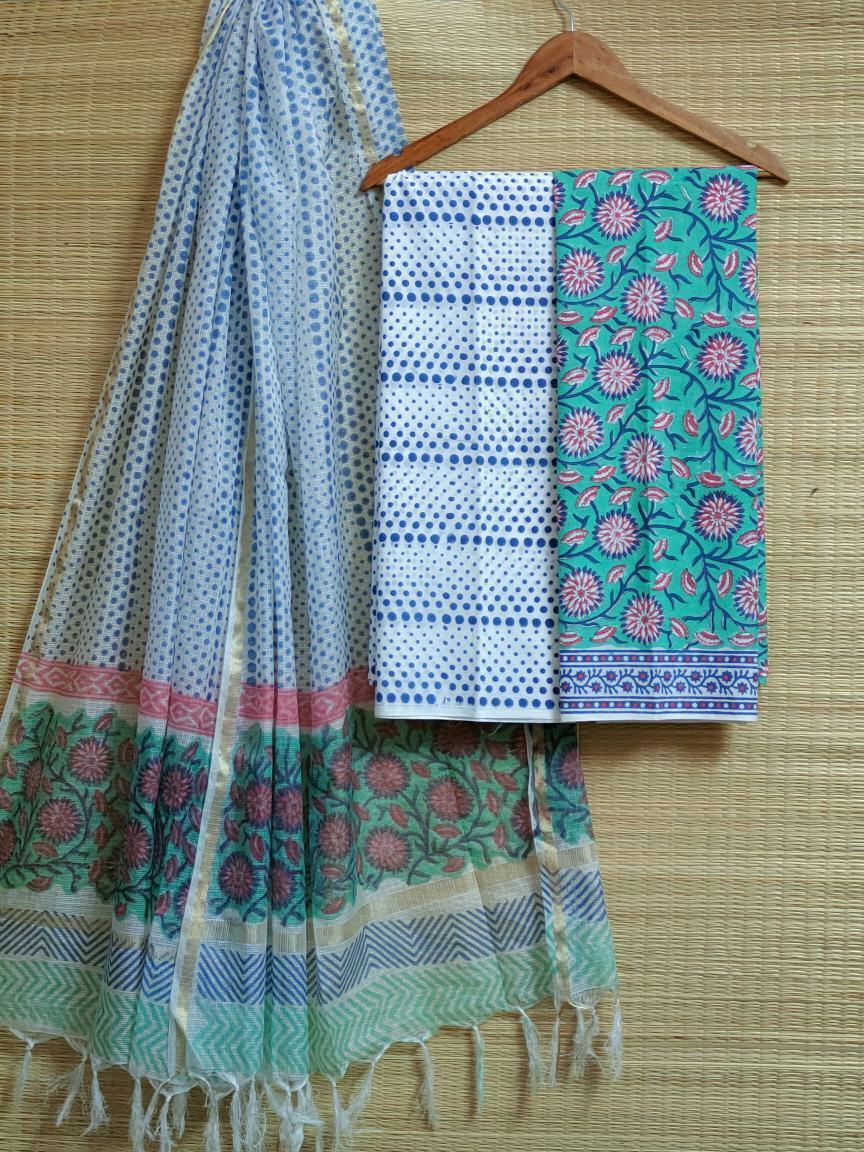 Hand Block Printed Cotton Salwar Suit Set With Kota Silk Dupatta - JBKD115