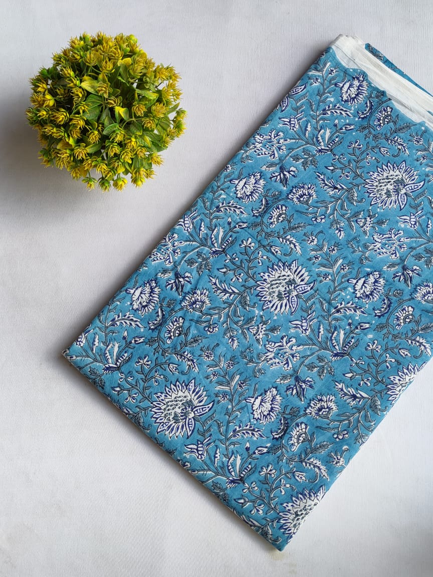 Turquoise Floral Sanganeri Hand Block Print Cotton Fabric From Jaipur Bazar Tulsi Prints