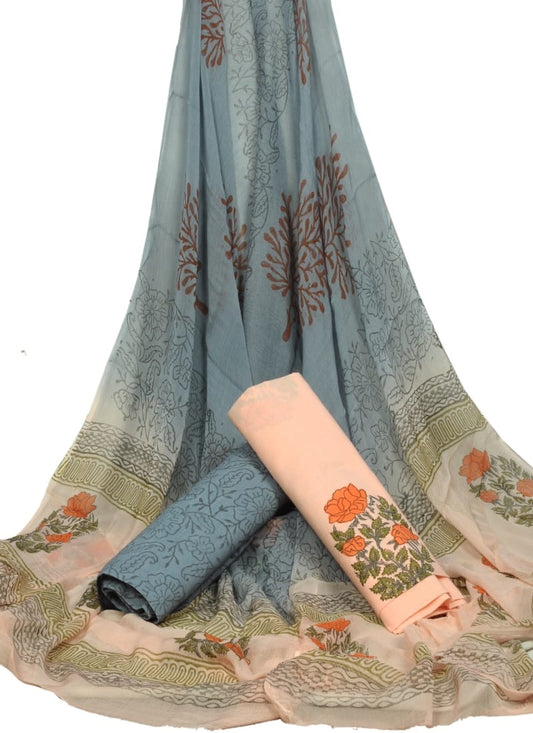 Unstitched Hand Block Printed Cotton Suit With Chiffon Dupatta - JBCF717