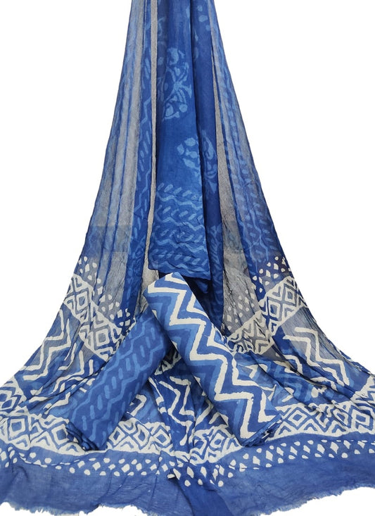 Hand Block Printed Unstitched Cotton Suit Set With Chiffon Dupatta - JBCF726