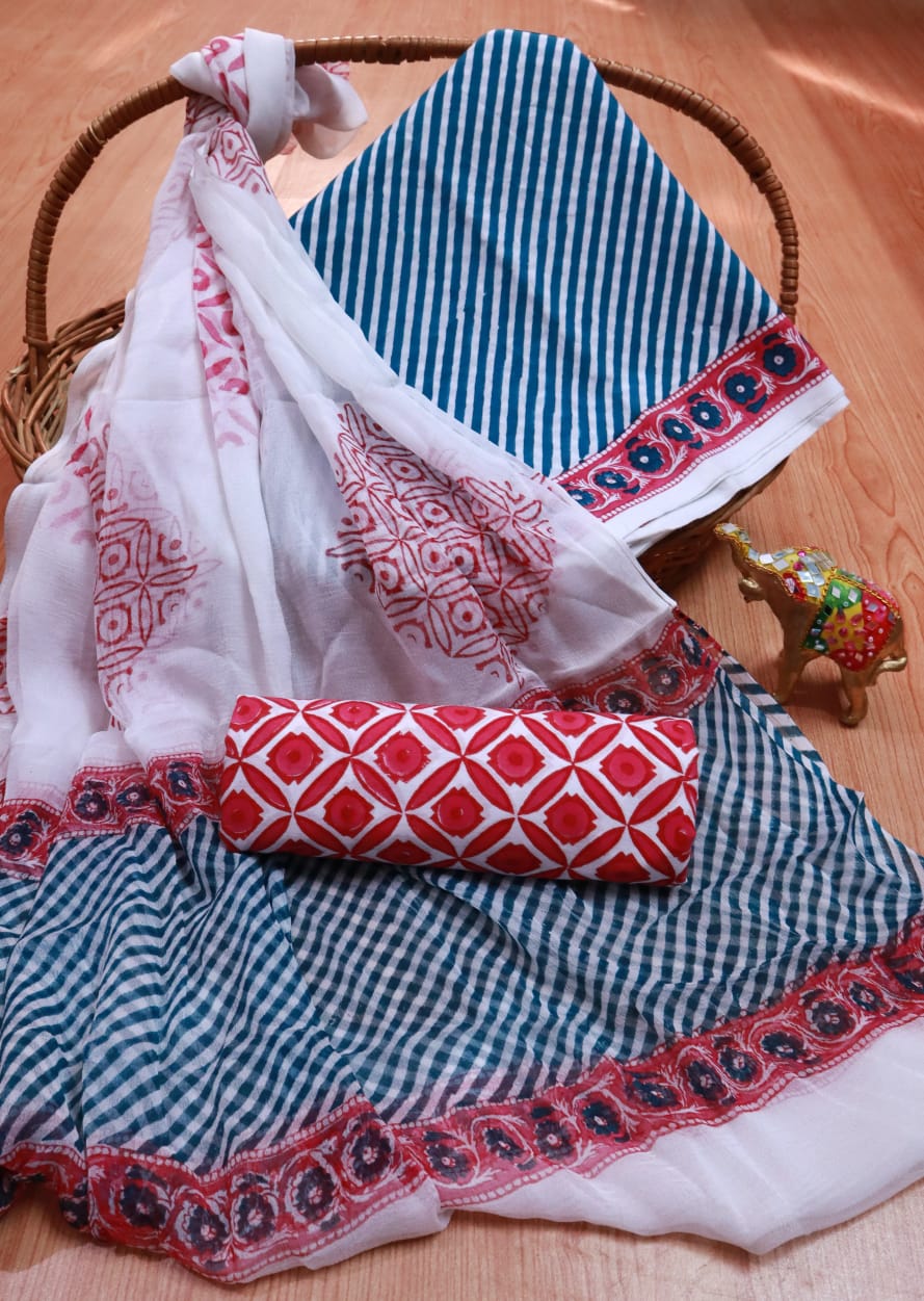 Hand Block Printed CottonUnstitched Salwar Suit with Chiffon Dupatta - JBCF727