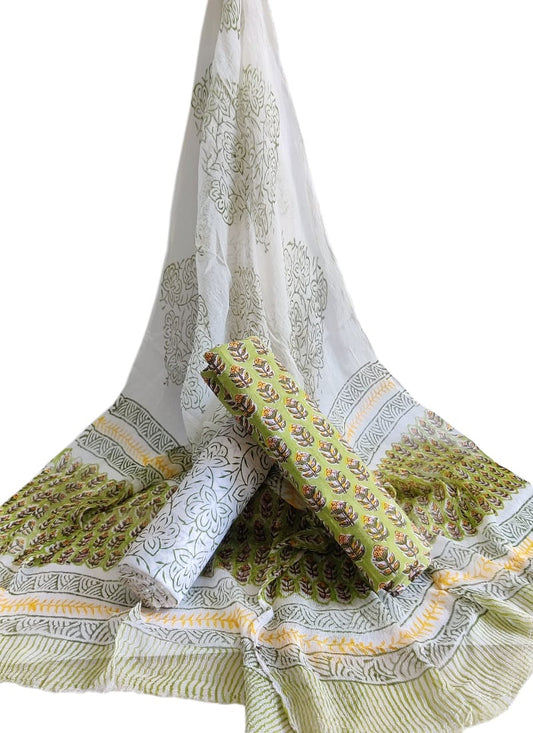 Unstitched Hand Block Printed Cotton Suit With Chiffon Dupatta - JBCF728