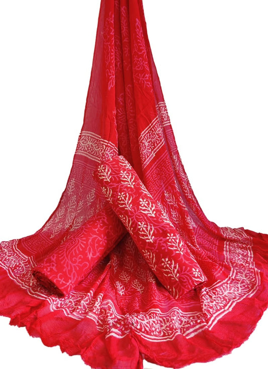 Unstitched Hand Block Printed Cotton Suit With Chiffon Dupatta - JBCF729