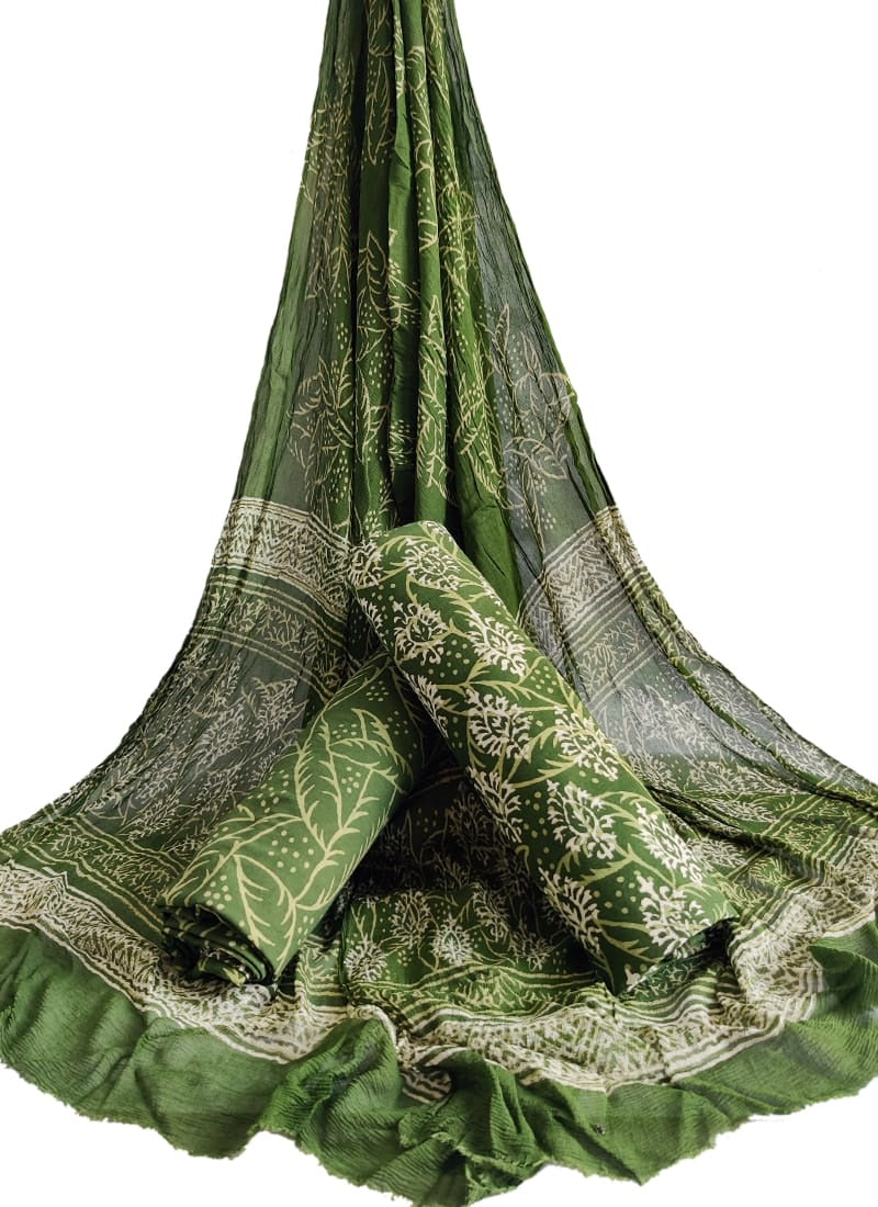 Hand Block Printed CottonUnstitched Salwar Suit with Chiffon Dupatta - JBCF731