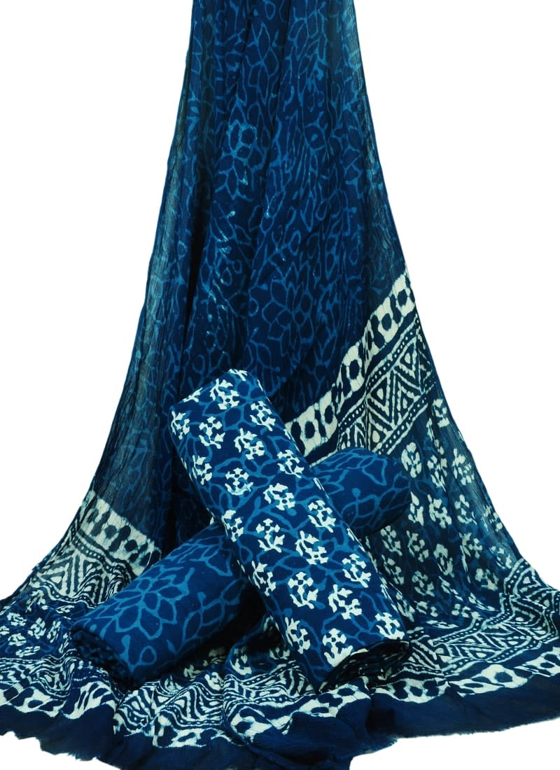 Unstitched Hand Block Printed Cotton Suit With Chiffon Dupatta - JBCF732