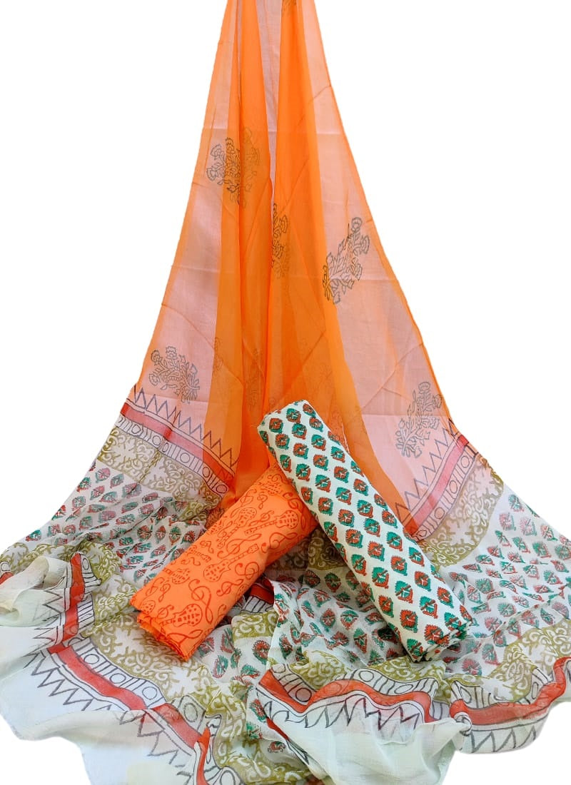 Unstitched Hand Block Printed Cotton Suit With Chiffon Dupatta - JBCF733
