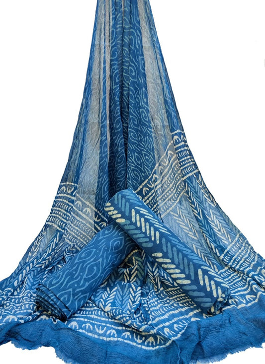 Hand Block Printed Unstitched Cotton Suit Set With Chiffon Dupatta - JBCF734