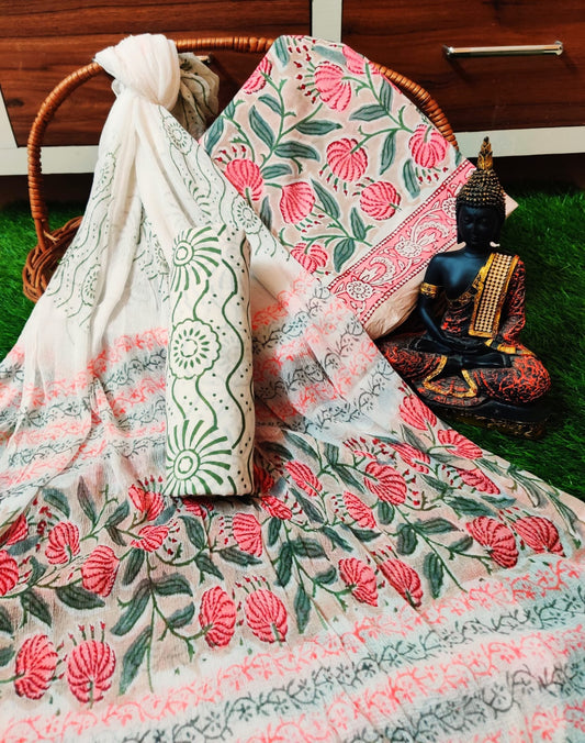 Hand Block Printed Unstitched Cotton Suit Set With Chiffon Dupatta - JBCF718