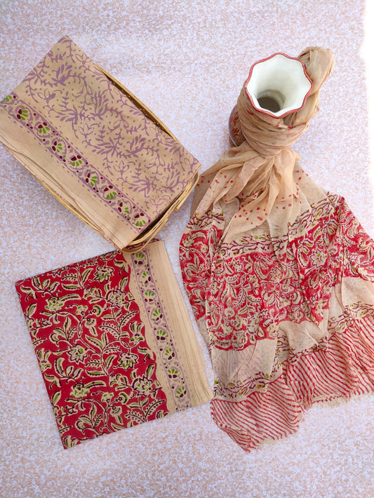Unstitched Hand Block Printed Cotton Suit With Chiffon Dupatta - JBCF736