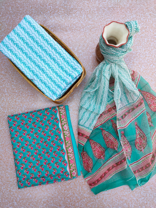 Unstitched Hand Block Printed Cotton Suit With Chiffon Dupatta - JBCF737