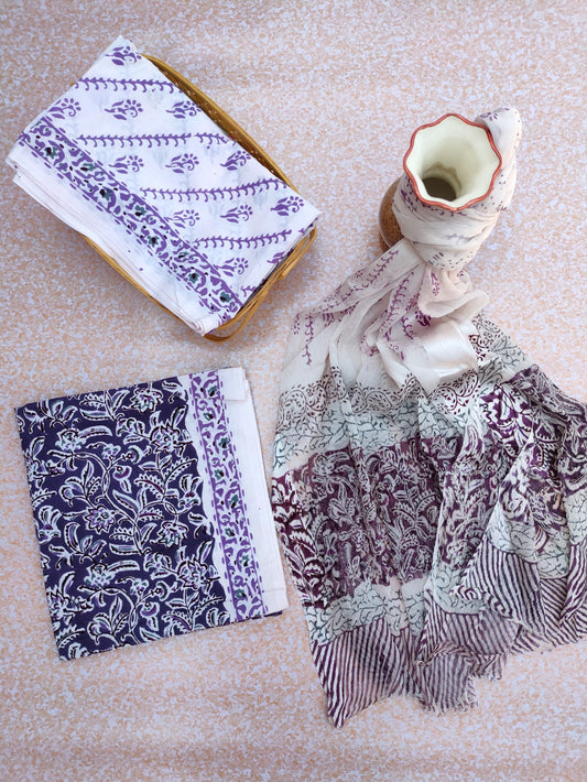 Hand Block Printed Unstitched Cotton Suit Set With Chiffon Dupatta - JBCF738