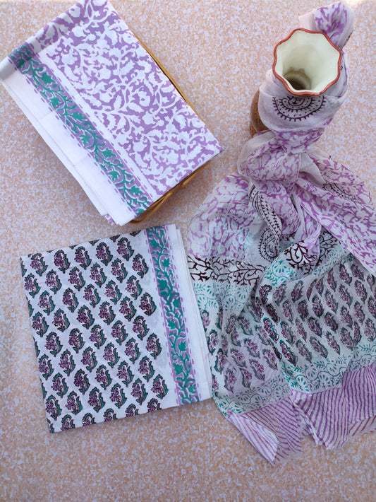 Hand Block Printed CottonUnstitched Salwar Suit with Chiffon Dupatta - JBCF739