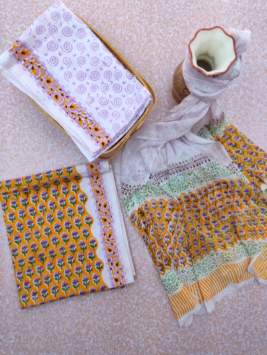 Unstitched Hand Block Printed Cotton Suit With Chiffon Dupatta - JBCF740