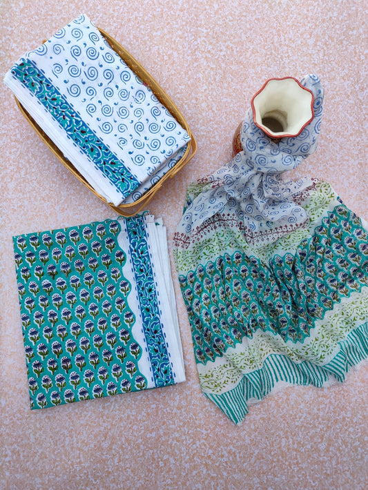 Hand Block Printed Unstitched Cotton Suit Set With Chiffon Dupatta - JBCF742