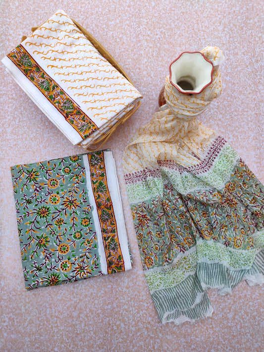 Unstitched Hand Block Printed Cotton Suit With Chiffon Dupatta - JBCF744