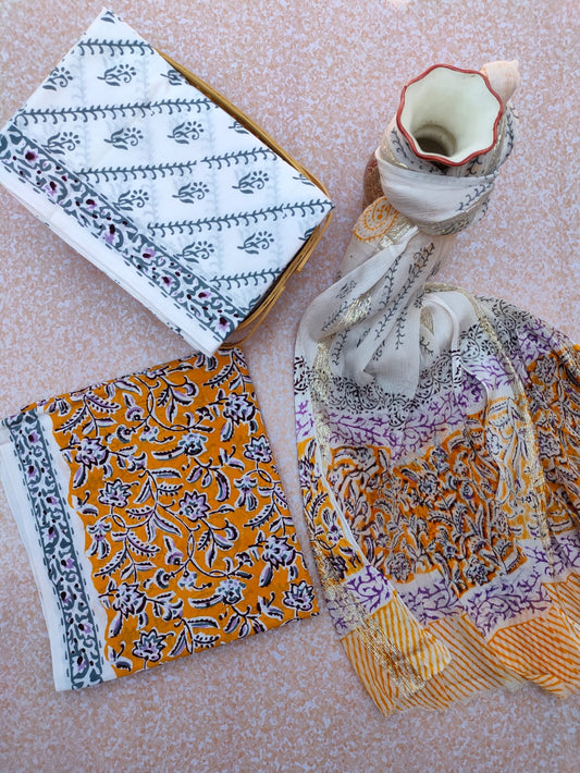 Unstitched Hand Block Printed Cotton Suit With Chiffon Dupatta - JBCF745