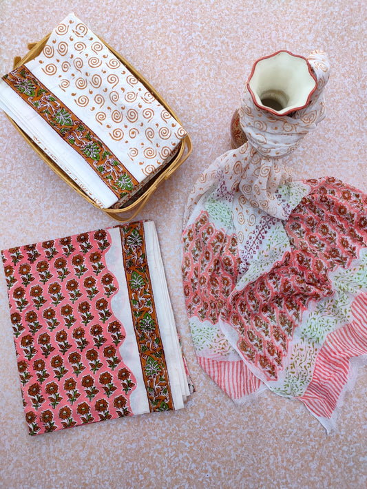 Hand Block Printed Unstitched Cotton Suit Set With Chiffon Dupatta - JBCF746