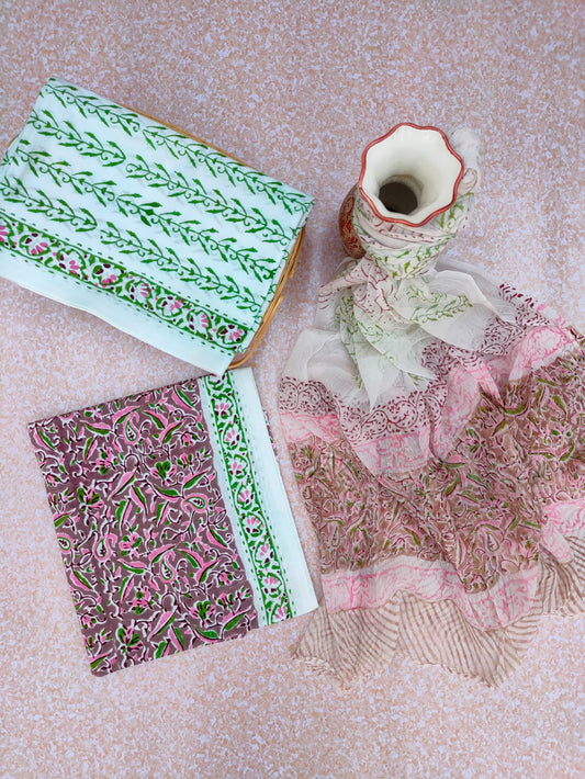 Unstitched Hand Block Printed Cotton Suit With Chiffon Dupatta - JBCF749
