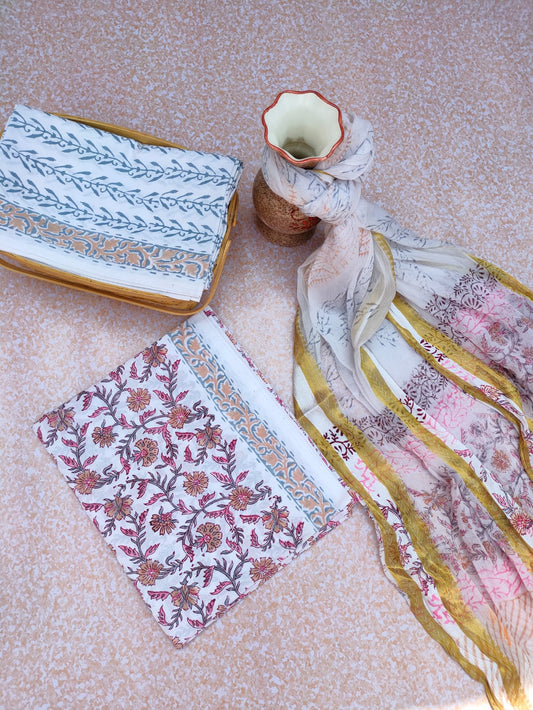 Hand Block Printed Unstitched Cotton Suit Set With Chiffon Dupatta - JBCF750