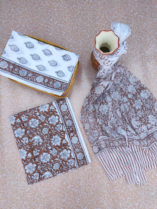 Hand Block Printed CottonUnstitched Salwar Suit with Chiffon Dupatta - JBCF751