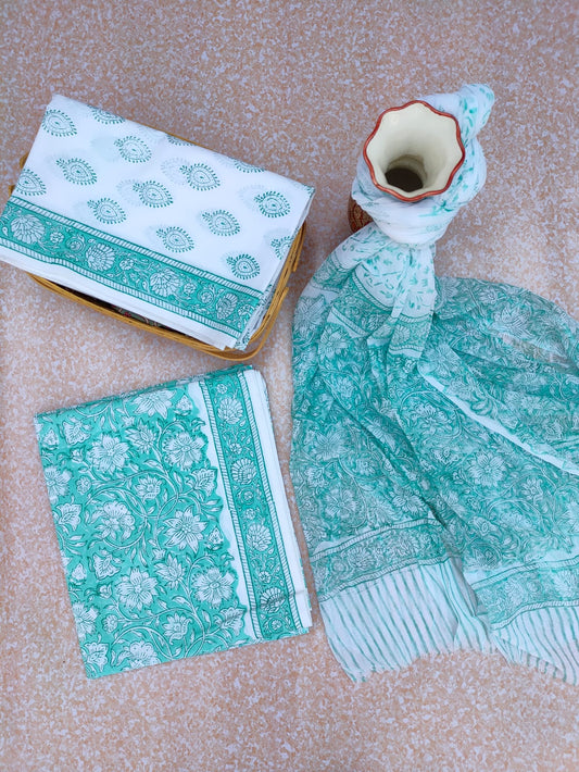 Unstitched Hand Block Printed Cotton Suit With Chiffon Dupatta - JBCF752