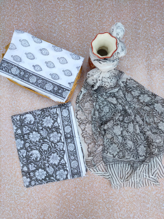 Hand Block Printed Unstitched Cotton Suit Set With Chiffon Dupatta - JBCF754