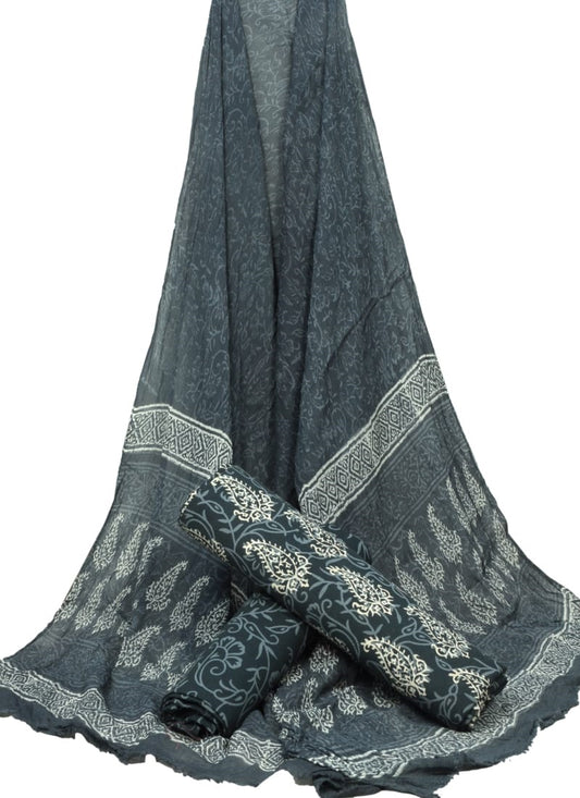 Unstitched Hand Block Printed Cotton Suit With Chiffon Dupatta - JBCF720