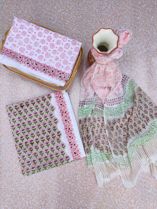 Unstitched Hand Block Printed Cotton Suit With Chiffon Dupatta - JBCF756