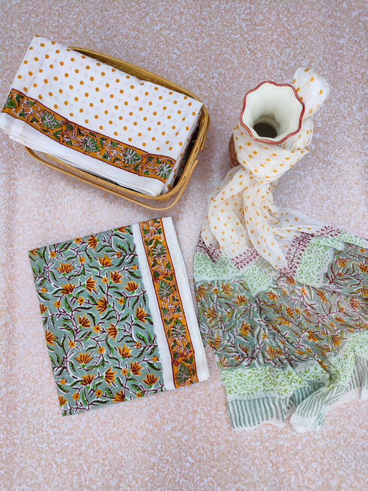Unstitched Hand Block Printed Cotton Suit With Chiffon Dupatta - JBCF757