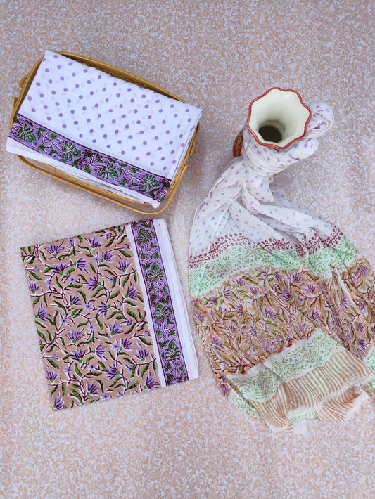 Hand Block Printed Unstitched Cotton Suit Set With Chiffon Dupatta - JBCF758