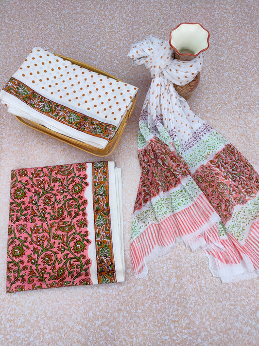 Hand Block Printed Unstitched Cotton Suit Set With Chiffon Dupatta - JBCF762