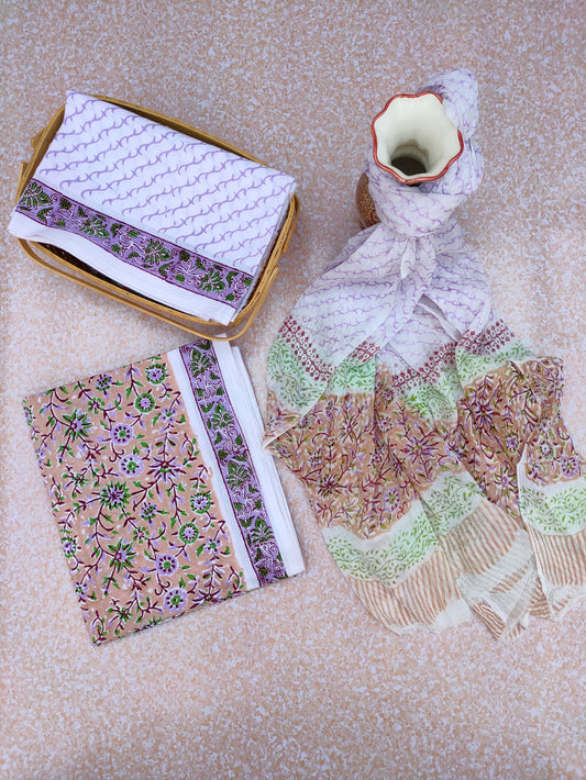 Unstitched Hand Block Printed Cotton Suit With Chiffon Dupatta - JBCF764