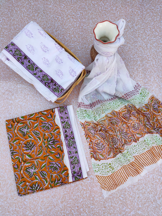 Unstitched Hand Block Printed Cotton Suit With Chiffon Dupatta - JBCF765