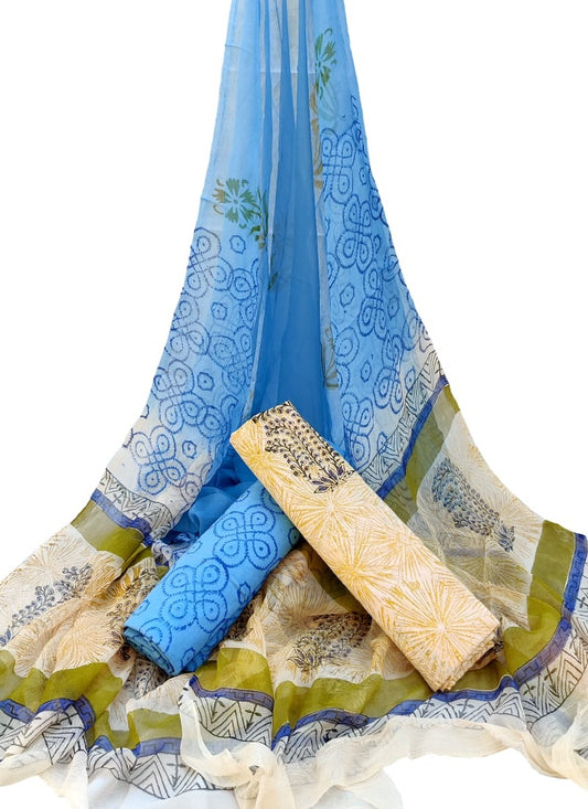 Unstitched Hand Block Printed Cotton Suit With Chiffon Dupatta - JBCF721