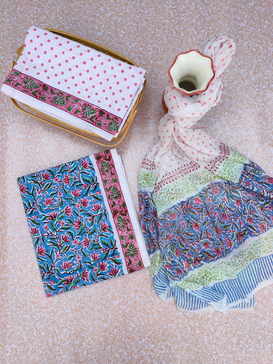 Hand Block Printed Unstitched Cotton Suit Set With Chiffon Dupatta - JBCF766