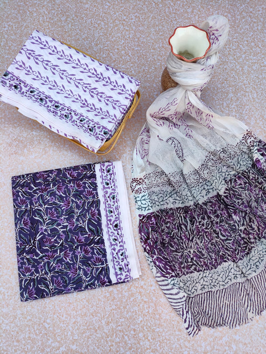 Unstitched Hand Block Printed Cotton Suit With Chiffon Dupatta - JBCF768