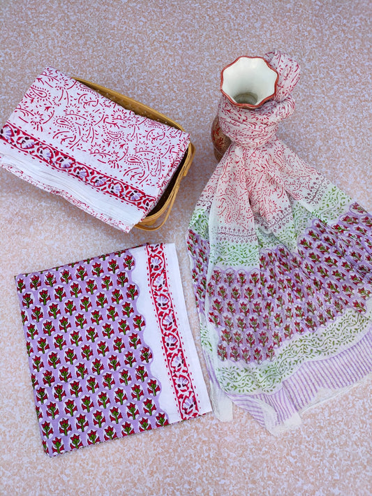 Unstitched Hand Block Printed Cotton Suit With Chiffon Dupatta - JBCF769