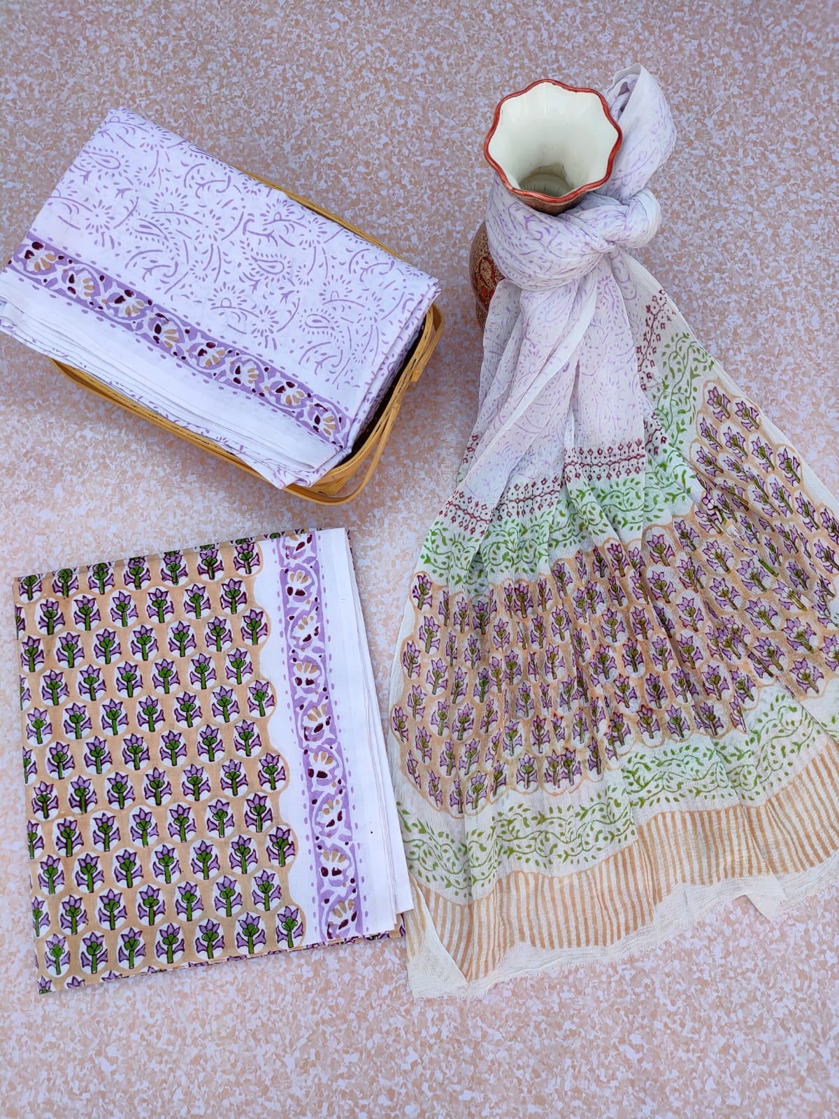 Hand Block Printed Unstitched Cotton Suit Set With Chiffon Dupatta - JBCF770