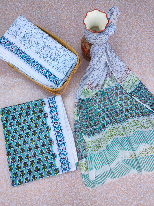Unstitched Hand Block Printed Cotton Suit With Chiffon Dupatta - JBCF772