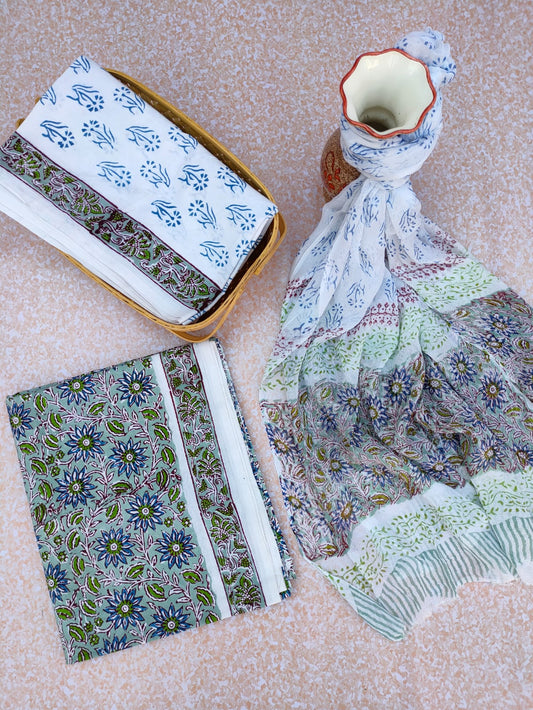 Unstitched Hand Block Printed Cotton Suit With Chiffon Dupatta - JBCF773