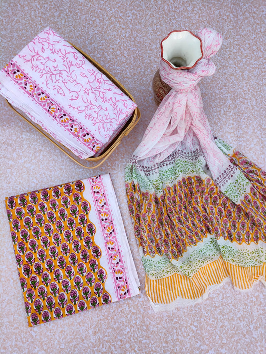 Hand Block Printed Unstitched Cotton Suit Set With Chiffon Dupatta - JBCF774