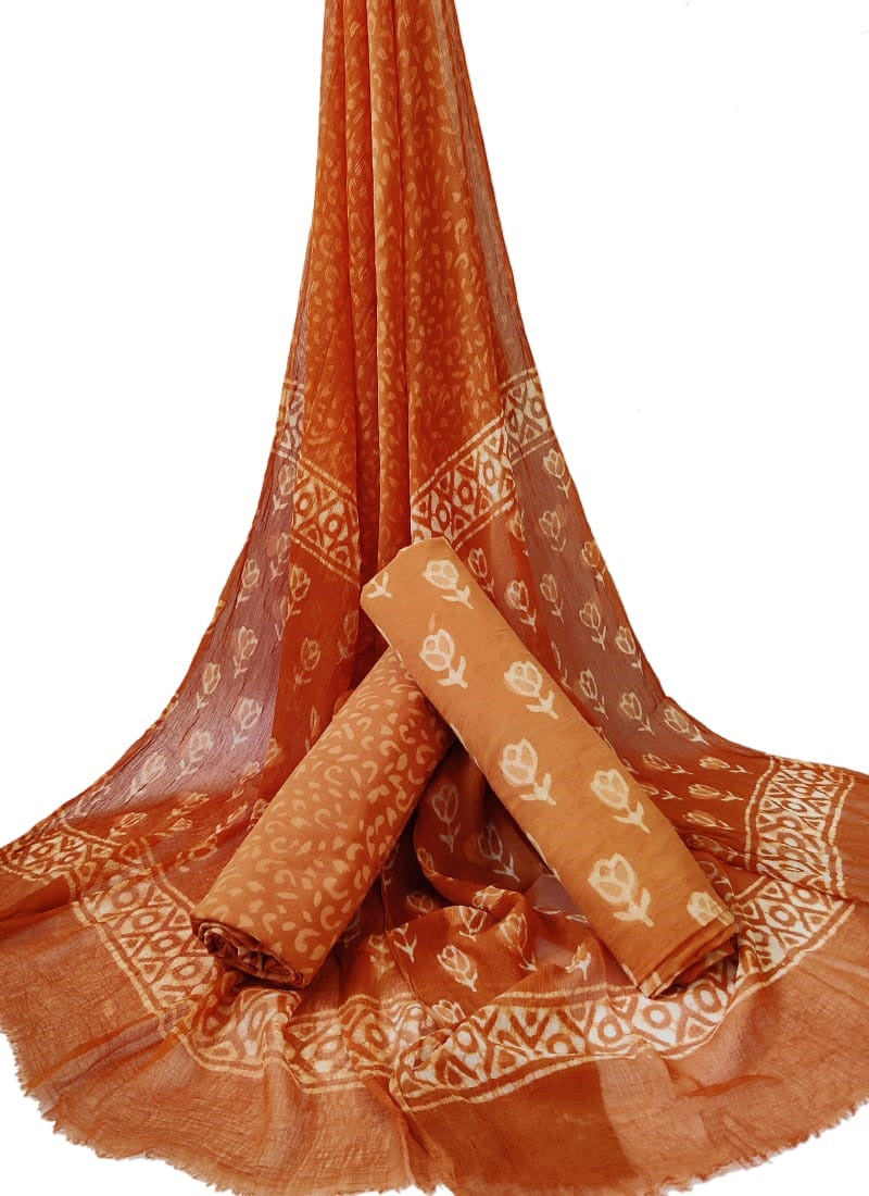 Hand Block Printed Unstitched Cotton Suit Set With Chiffon Dupatta - JBCF722